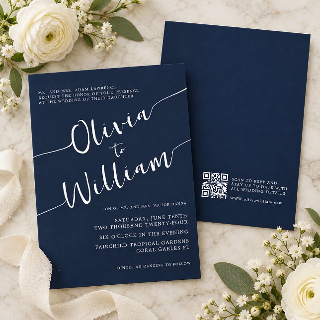 Convite de Casamento com Código QR em Script Naval (Navy Script QR Code Wedding Invitation)