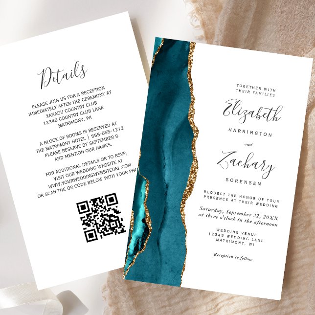 Convite de Casamento com Código QR em Teal e Doura (Criador carregado)
