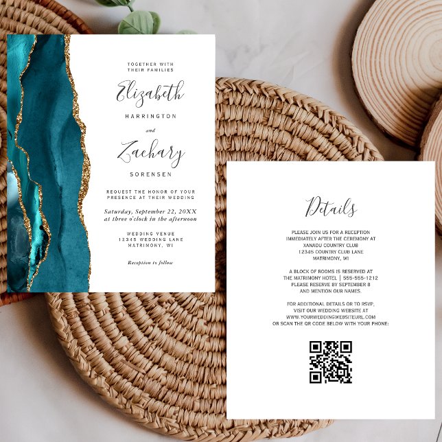 Convite de Casamento com Código QR em Teal e Doura (Criador carregado)