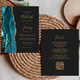 Convite de Casamento com Código QR em Teal e Doura