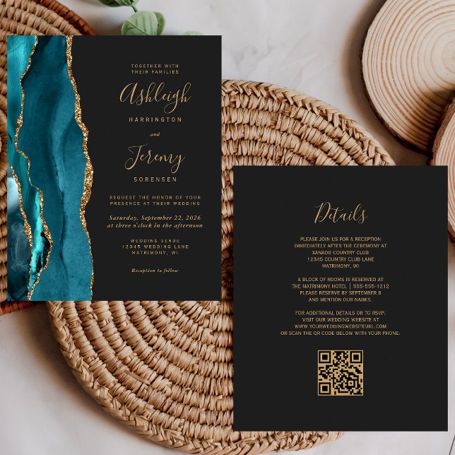 Convite de Casamento com Código QR em Teal e Doura (Criador carregado)