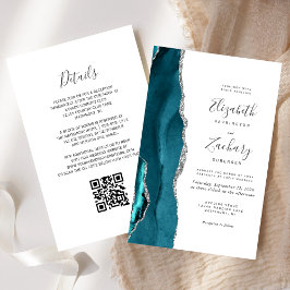 Convite de Casamento com Código QR em Teal Prata Á