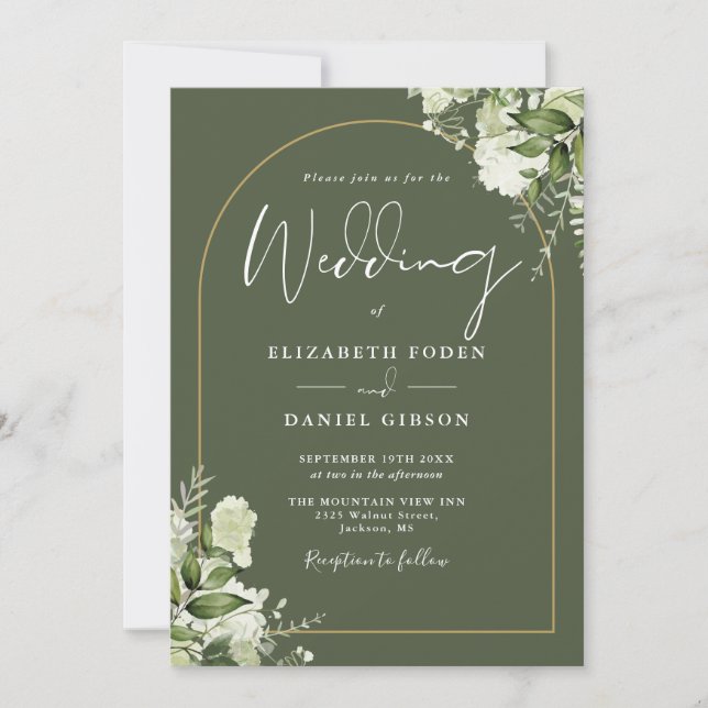 Convite de Casamento com Código QR em Verde Oliva  (Frente)