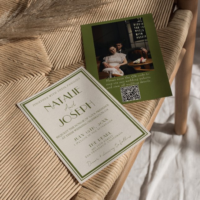 Convite de casamento com código QR em verde oliva  (Criador carregado)