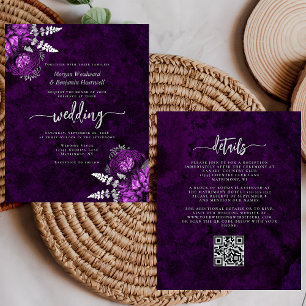 Convite de Casamento com Código QR Floral de Ameix