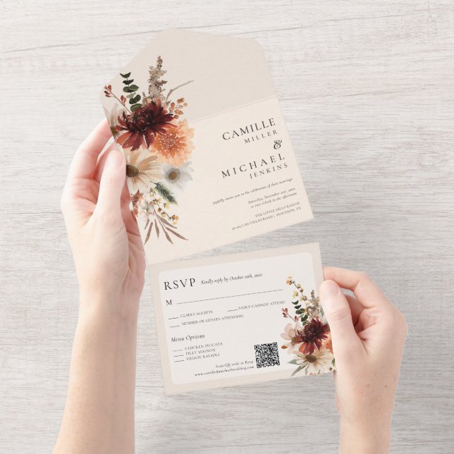 Convite de Casamento com Código QR Floral de Outon (Aba destacável)
