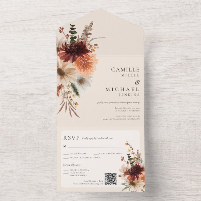 Convite de Casamento com Código QR Floral de Outon (Interno)