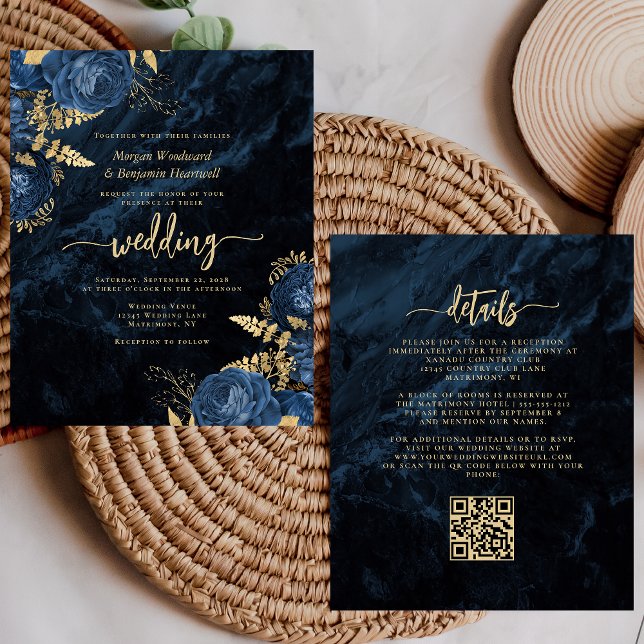 Convite de Casamento com Código QR Floral Dourado  (Criador carregado)