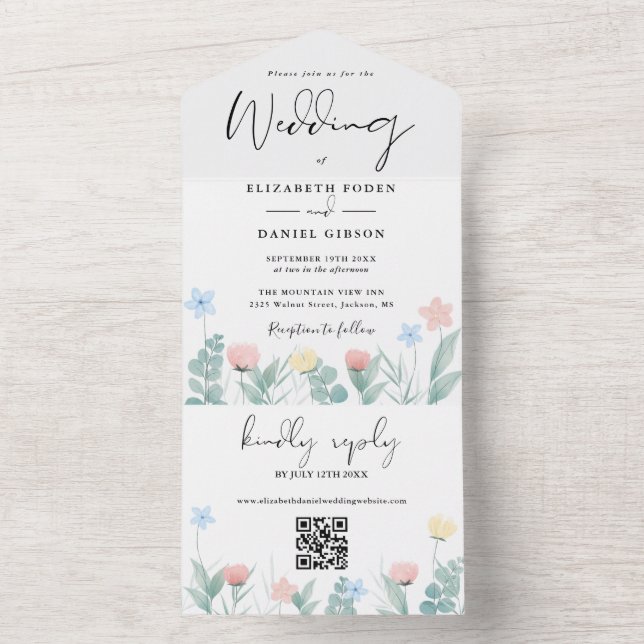 Convite de Casamento com Código QR Floral em Aquar (Interno)