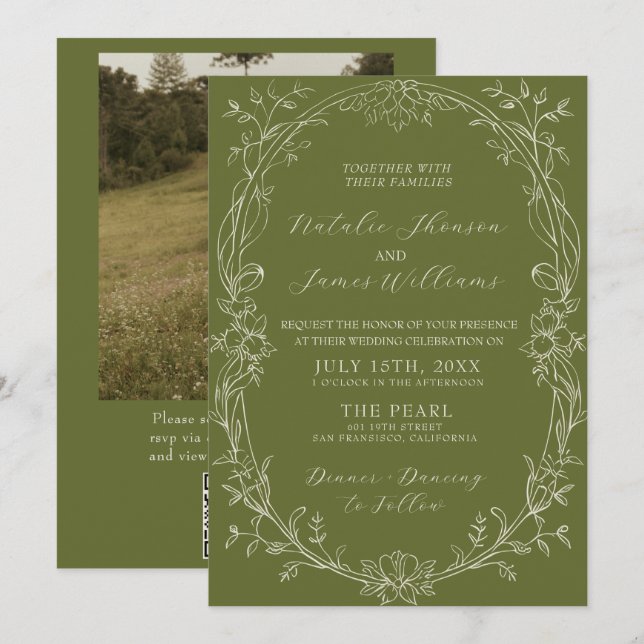 Convite de casamento com código QR floral em verde (Frente/Verso)