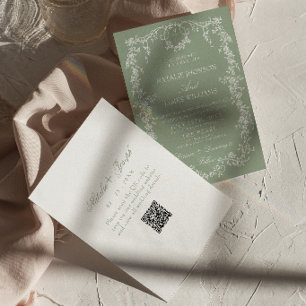 Convite de Casamento com Código QR Floral em Verde