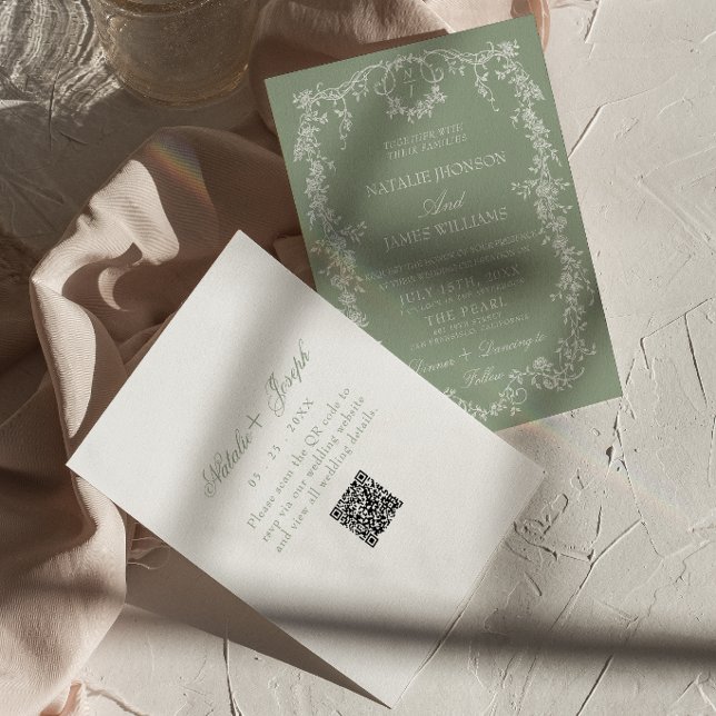 Convite de Casamento com Código QR Floral em Verde (Criador carregado)
