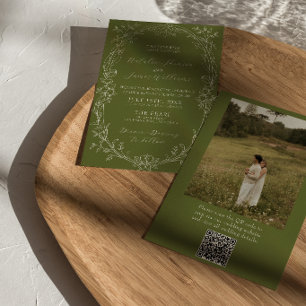 Convite de casamento com código QR floral em verde
