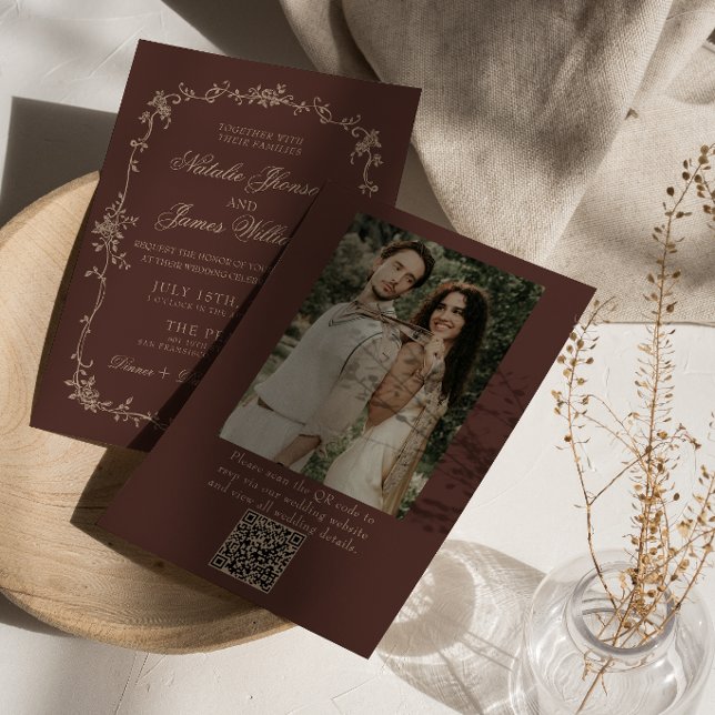 Convite de Casamento com Código QR Floral Espresso (Criador carregado)