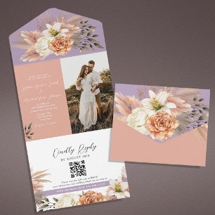 Convite de Casamento com Código QR Floral Rosa e R