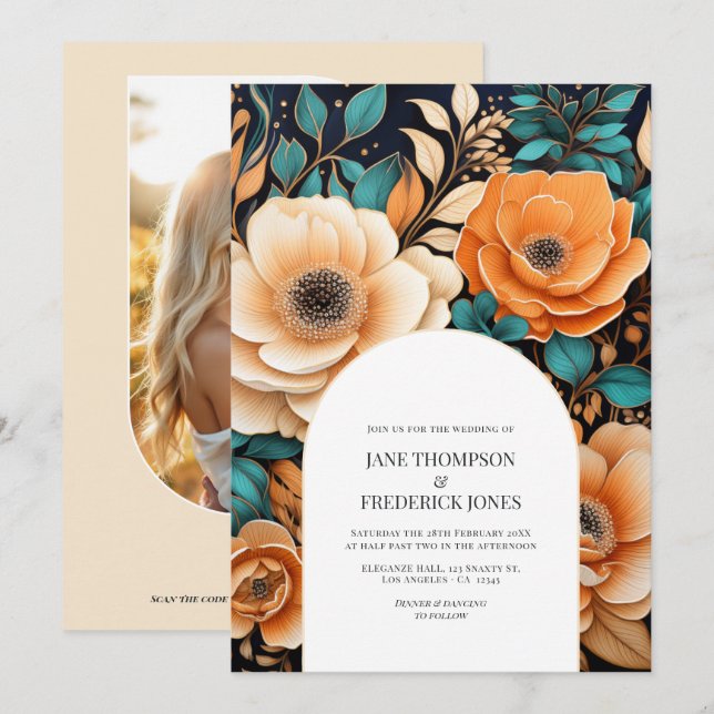 Convite de Casamento com Código QR Foto Champagne  (Frente/Verso)