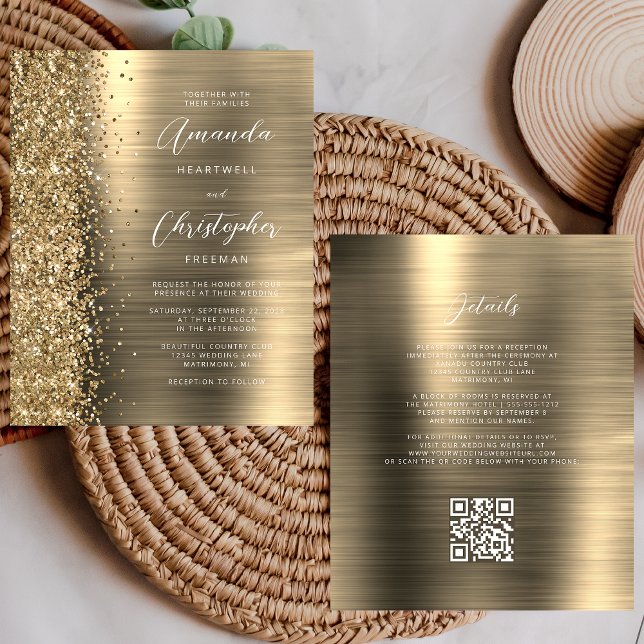 Convite de Casamento com Código QR Glam Budget Gol (Criador carregado)