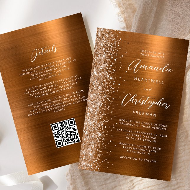 Convite de Casamento com Código QR Glam Cobre Orça (Criador carregado)