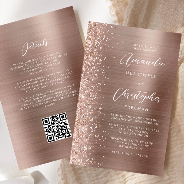 Convite de Casamento com Código QR Glam Rosa Doura (Criador carregado)
