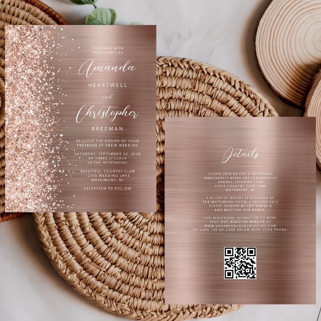 Convite de Casamento com Código QR Glam Rosa Doura (Criador carregado)