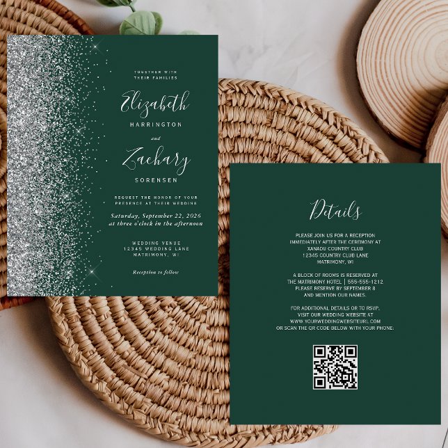 Convite de Casamento com Código QR Glitter Verde P (Criador carregado)