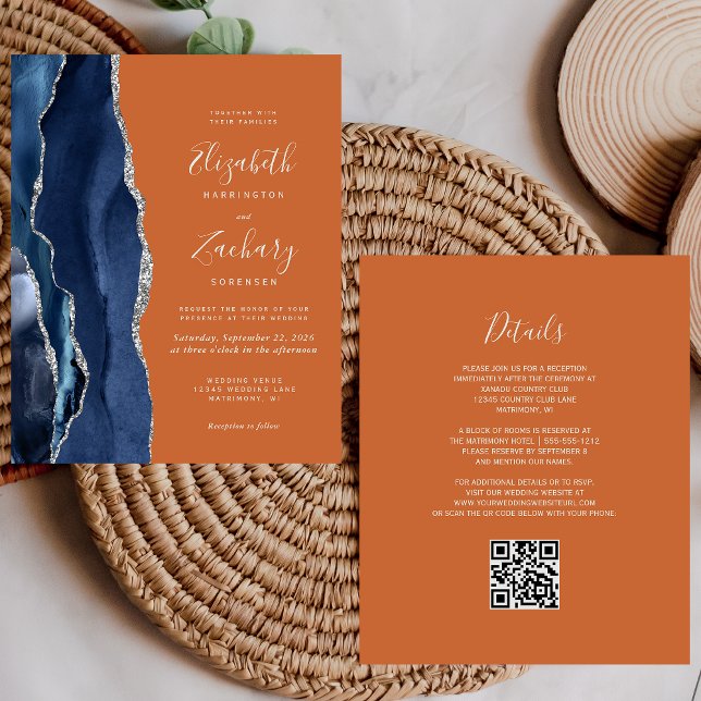 Convite de casamento com código QR laranja azul ma (Criador carregado)