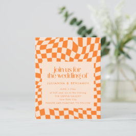 Convite de Casamento com Código QR Laranja Xadrez