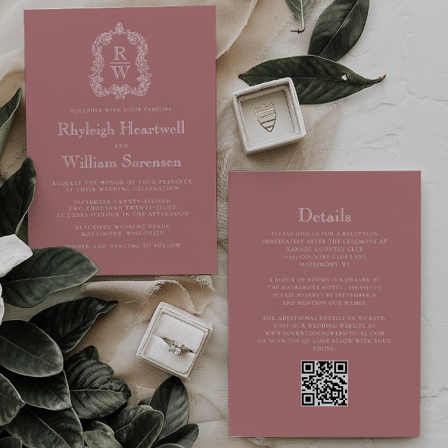 Convite de Casamento com Código QR Monograma Crest (Criador carregado)