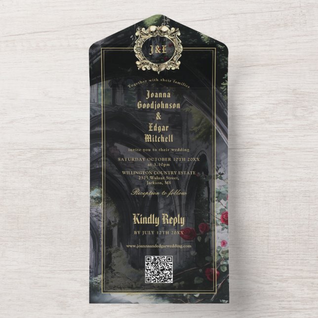 Convite de casamento com código QR monograma de ru (Interno)