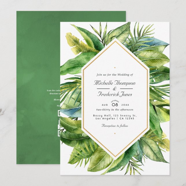 Convite de casamento com código QR para RSVP com f (Frente/Verso)