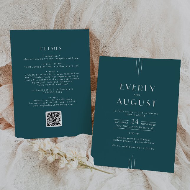 Convite de Casamento com Código QR Peacock Teal Ar (EVERLY Retro Art Deco Peacock Teal QR Code Wedding Invitation)