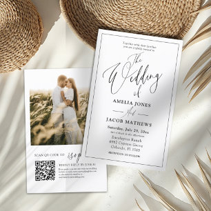 Convite de Casamento com Código QR Preto e Branco