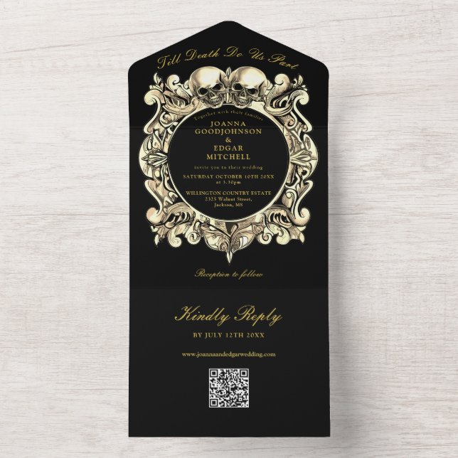 Convite de Casamento com Código QR Preto e Dourado (Interno)
