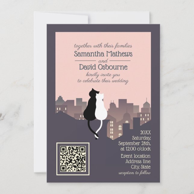 Convite de casamento com código QR tema de gato (Frente)