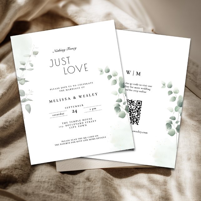 Convite de Casamento com Código QR Tendência Verde (Nothing fancy just love wedding invitation with greenery eucalyptus details.)