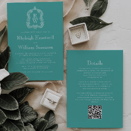 Convite de Casamento com Código QR Turquesa Crest