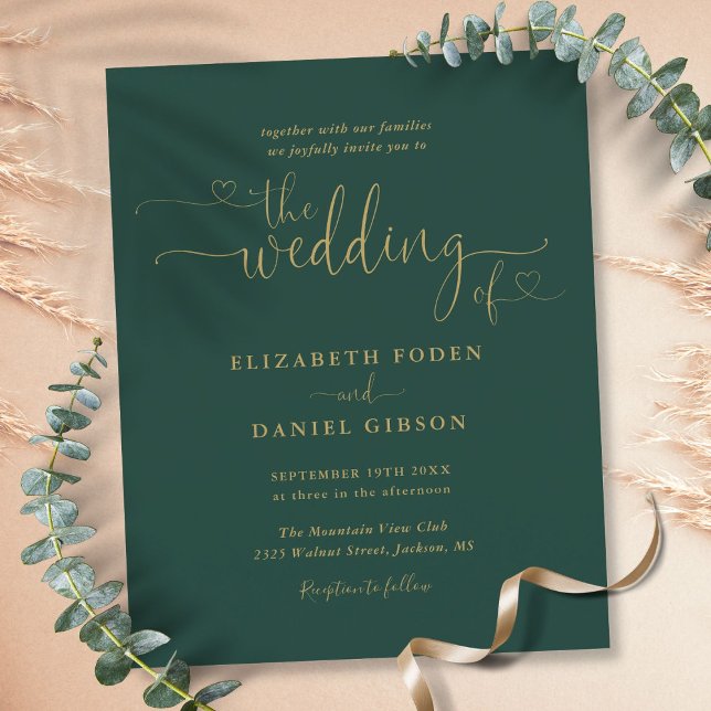 Convite de Casamento com Coração de Ouro Esmeralda (Budget Emerald Gold Hearts Script Wedding Invite)