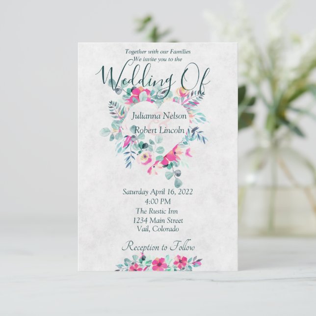 Convite de casamento com coração floral em aquarel (Em pé/Frente)