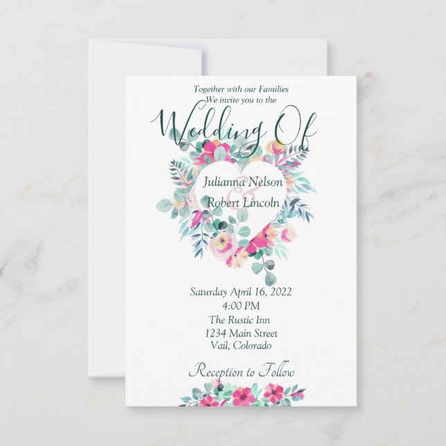Convite de casamento com coração floral em aquarel (Frente)