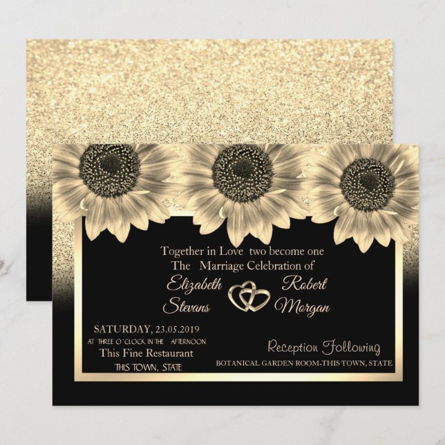 Convite de Casamento com Corações de Ouro,Girassói (Frente/Verso)