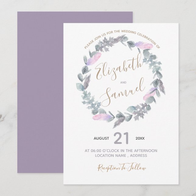 Convite de Casamento com Coroa de Água-forte Roxa (Frente/Verso)