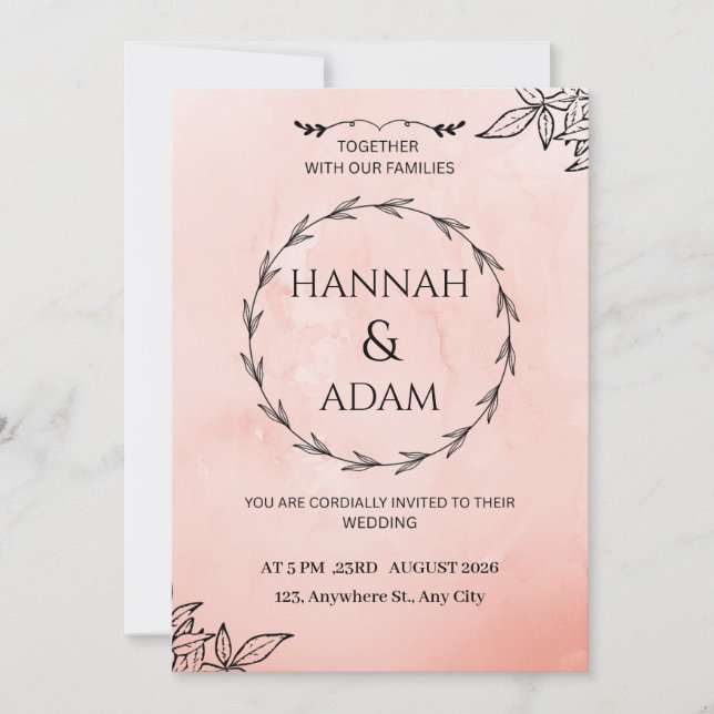 Convite de Casamento com Coroa de Aquarela Rosa Bl (Frente)