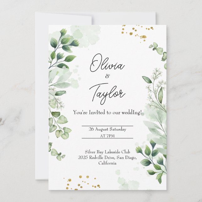 Convite de Casamento com Coroa de Folhagens Boho (Frente)