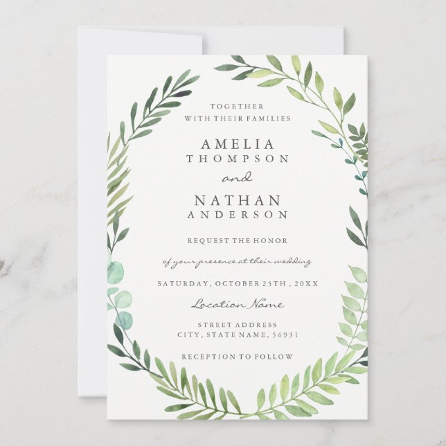 Convite de Casamento com Coroa de Folhas em Aquare (Frente)