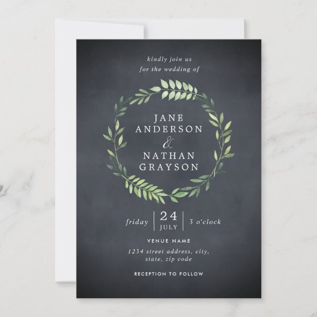 Convite de Casamento com Coroa de Folhas em Quadro (Frente)