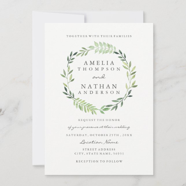 Convite de Casamento com Coroa de Folhas Verdes em (Frente)