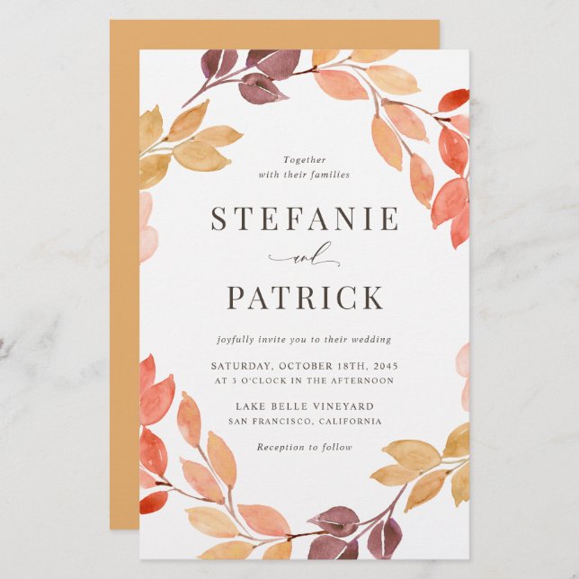 Convite de Casamento com Coroa de Outono em Aquare (Frente/Verso)