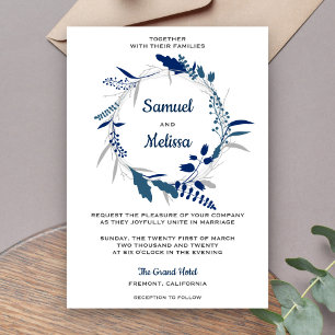Convite de Casamento com Coroa Floral Azul Elegant