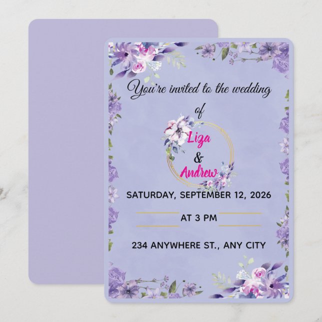 Convite de Casamento com Coroa Floral de Lavanda e (Frente/Verso)
