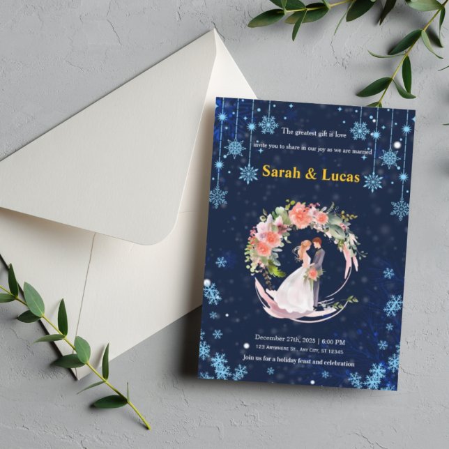 Convite de Casamento com Coroa Floral de Neve de I (Navy Blue Winter Snow Floral Wreath Wedding Invite)